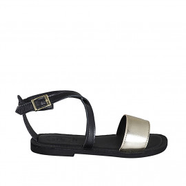 Woman's sandal with crossed strap in black and platinum laminated leather heel 1 - Available sizes:  32