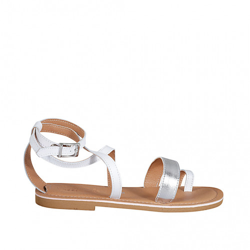 Woman's thong sandal with crossed strap in white and silver laminated leather heel 1 - Available sizes:  42