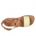 Woman's sandal with crossed strap in cognac brown leather and yellow printed leather heel 1 - Available sizes:  32