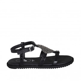 Sandalo da donna in pelle stampata nera con cinturino e strass zeppa 1 - Misure disponibili: 32, 42