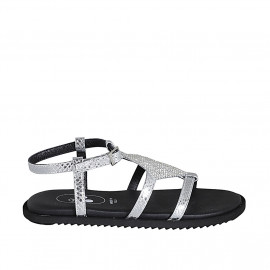 Sandale pour femmes en cuir imprimé lamé argent avec courroie et strass talon compensé 1 - Pointures disponibles:  32, 42