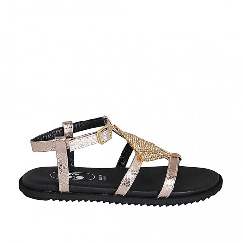 Woman's sandal in copper laminated printed leather with strap and rhinestones wedge heel 1 - Available sizes:  32, 33, 34, 42