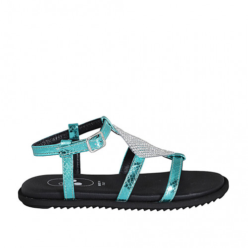 Woman's sandal in turquoise laminated printed leather with strap and rhinestones wedge heel 1 - Available sizes:  32, 33, 34, 42, 43
