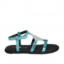 Woman's sandal in turquoise laminated printed leather with strap and rhinestones wedge heel 1 - Available sizes:  32, 33, 34, 42, 43