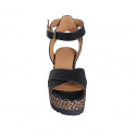 Woman's strap platform sandal in black leather with braided wedge heel 7 - Available sizes:  42