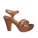 Woman's sandal in cognac brown leather with strap, platform and heel 9 - Available sizes:  42