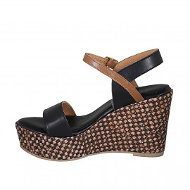 Sandalia para mujer con cinturon y plataforma en piel negra y cognac cuña trensada 9 - Tallas disponibles:  42, 43, 44 2