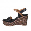 Woman's strap platform sandal in black and cognac brown leather with braided wedge heel 9 - Available sizes:  42, 43, 44