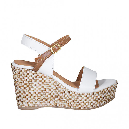 Woman's strap platform sandal in white and cognac brown leather with braided wedge heel 9 - Available sizes:  42, 43, 44