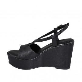 Woman's platform sandal in black laminated leather wedge heel 9 - Available sizes:  42, 43, 44, 45 2