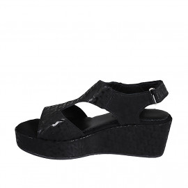 Sandale pour femmes avec fermeture velcro en tissu imprimé noir talon compensé 7 - Pointures disponibles:  42, 43 2