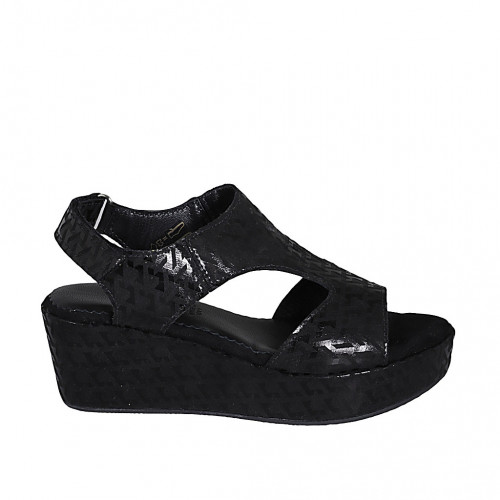 Woman's sandal with velcro strap in black printed fabric wedge heel 7 - Available sizes:  42, 43