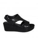 Woman's sandal with velcro strap in black printed fabric wedge heel 7 - Available sizes:  42, 43