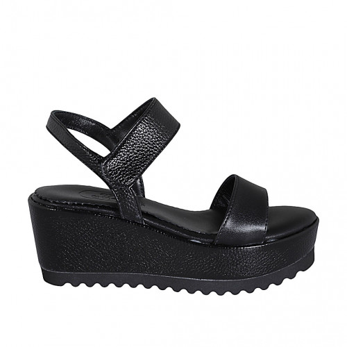 Sandalo da donna in pelle nera con velcro e zeppa 7 - Misure disponibili: 42