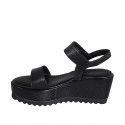 Woman's sandal in black leather with velcro strap wedge heel 7 - Available sizes:  42