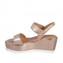 Woman's sandal in copper laminated patent leather with velcro strap wedge heel 7 - Available sizes:  42, 43, 44