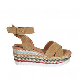 Woman's strap sandal with platform in cognac brown suede and multicolored fabric wedge heel 7 - Available sizes:  42, 43