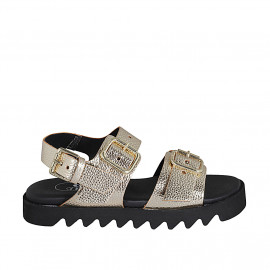 Woman's sandal with adjustable buckles in platinum laminated leather wedge heel 2 - Available sizes:  32, 42