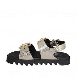 Woman's sandal with adjustable buckles in platinum laminated leather wedge heel 2 - Available sizes:  32, 42 2