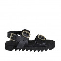 Woman's sandal with adjustable buckles in black leather wedge heel 2 - Available sizes:  32