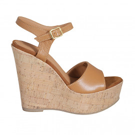 Woman's strap sandal in cognac brown leather with platform and wedge heel 12 - Available sizes:  42, 43
