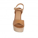Woman's strap sandal in cognac brown leather with platform and wedge heel 12 - Available sizes:  42, 43
