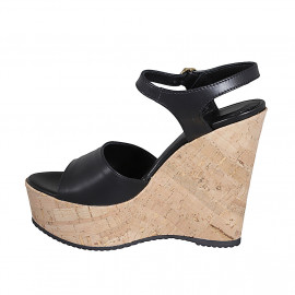 Woman's sandal in black leather with platform, strap and wedge heel 12 - Available sizes:  42, 43 2