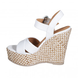 Woman's strap sandal in white leather with platform and braided wedge heel 12 - Available sizes:  43 2