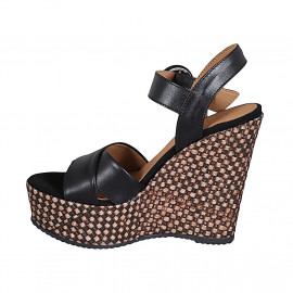 Woman's strap sandal in black leather with platform and braided wedge heel 12 - Available sizes:  43 2