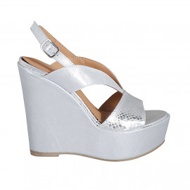 Woman's platform sandal in silver laminated printed leather wedge heel 12 - Available sizes:  31, 43