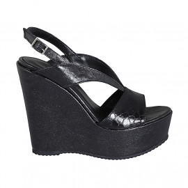 Sandale pour femmes en cuir imprimé lamé noir avec platforme et talon compensé 12 - Pointures disponibles:  31, 43