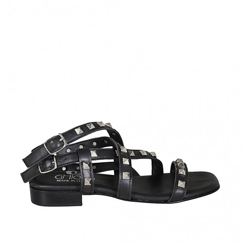 Sandalia para mujer con cinturones y tachuelas en piel negra tacon 2 - Tallas disponibles:  33