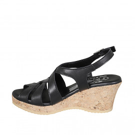 Woman's sandal in black leather with platform and wedge heel 7 - Available sizes:  42 2