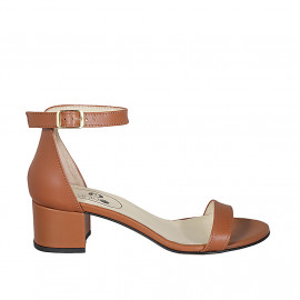 Woman's open shoe in cognac brown leather with strap heel 5 - Available sizes:  43, 44, 45