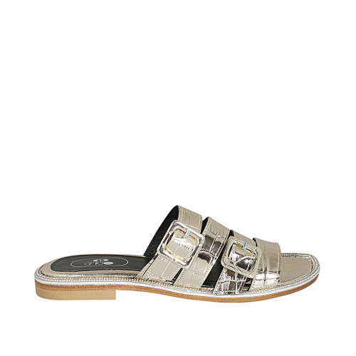 Sabo para mujer con hebillas y estras en charol imprimido laminado platino tacon 1 - Tallas disponibles:  33, 42