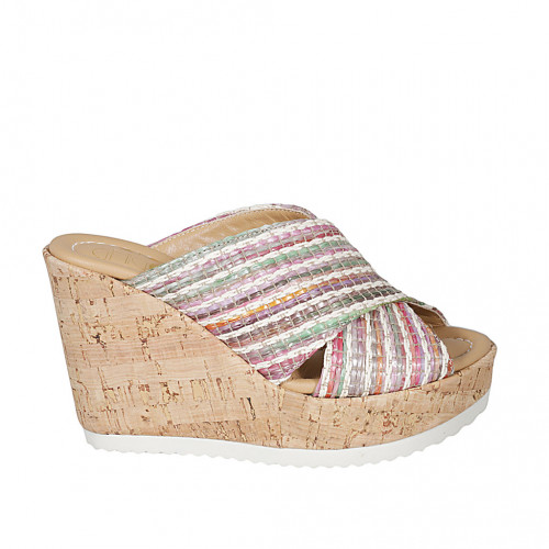 Woman's mules in multicolored raffia wedge heel 10 - Available sizes:  42