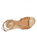Woman's strap sandal in cognac brown leather wedge heel 10 - Available sizes:  42, 43