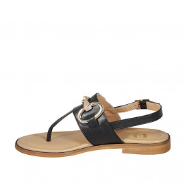 Woman's thong sandal with accessory in black leather heel 1 - Available sizes:  42 2