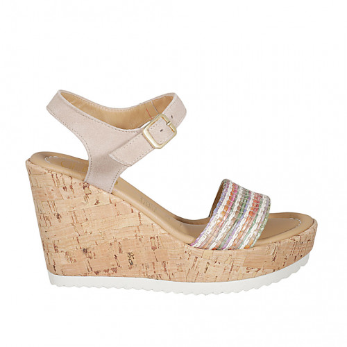Woman's strap sandal in multicolored raffia and beige suede with platform and wedge heel 10 - Available sizes:  42, 44