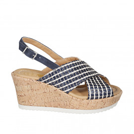 Sandalo da donna in rafia multicolore e camoscio blu con plateau zeppa 7 - Misure disponibili: 42