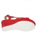 Sandalia para mujer en piel roja y tejido laminado con plataforma cuña 7 - Tallas disponibles:  42, 44
