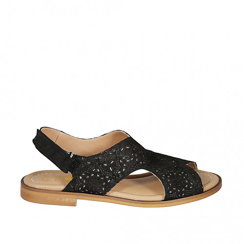 Woman's sandal with velcro strap in black pierced suede heel 1 - Available sizes:  32, 33