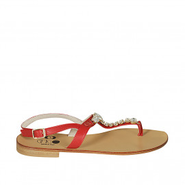 Sandalo infradito da donna in pelle rossa con strass tacco 2 - Misure disponibili: 42, 43, 44