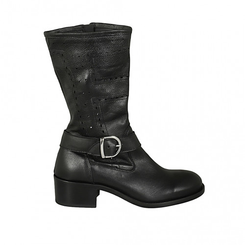 Botines para mujer con cremallera y hebilla en piel y piel perforada negra tacon 4 - Tallas disponibles:  33