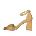 Woman's open shoe in cognac brown leather with ankle strap heel 7 - Available sizes:  42, 43, 44