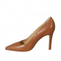 Woman's pointy pump in cognac brown leather with heel 9 - Available sizes:  42