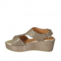 Woman's sandal with velcro strap in taupe laminated printed fabric wedge heel 6 - Available sizes:  42, 43, 44