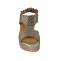 Woman's sandal with velcro strap in taupe laminated printed fabric wedge heel 6 - Available sizes:  42, 43, 44