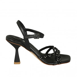 Sandale pour femmes avec courroie et strass en cuir noir talon 8 - Pointures disponibles:  42
