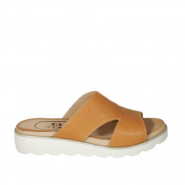 Woman's mule in cognac brown leather wedge heel 3 - Available sizes:  42, 43